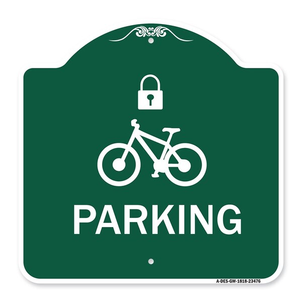 Parking With Cycle and Lock, Green & White Aluminum Architectural Sign, 18" x 18", GW-1818-23476